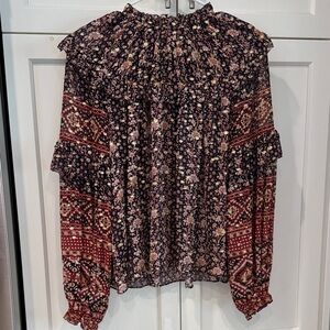 Ulla Johnson Black and Pink Floral Smocked Ruffle-Neck Blouse